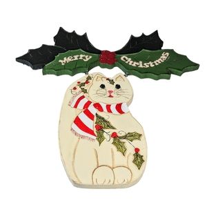 Vintage Hand Painted Merry Christmas Cat And Holly Sign On Wood 18 in